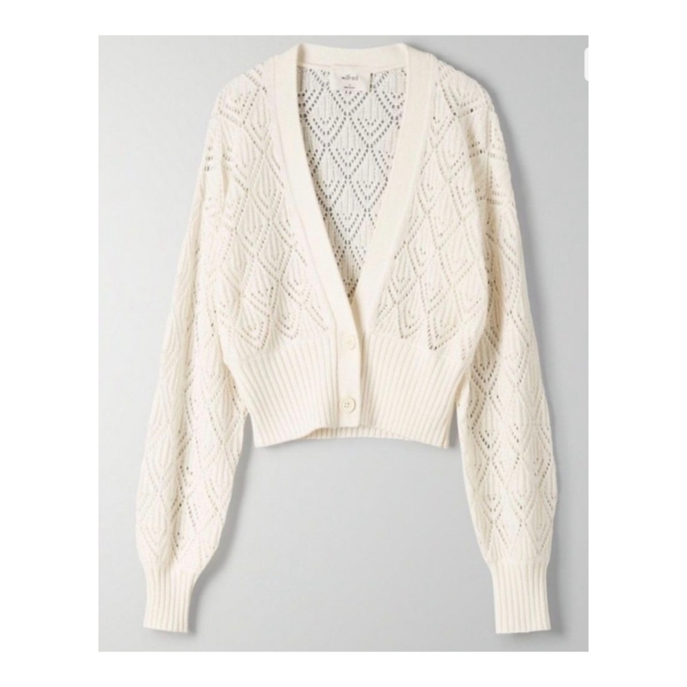 WILFRED Pointelle Plunge Front Cardigan Wool Crochet Oak White 2XS XXS Aritzia